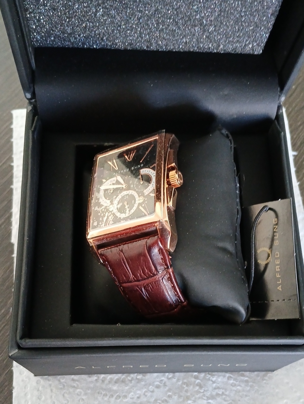 ALFRED SUNG Rose Gold and Brown Croc-Embossed Leather Square Watch